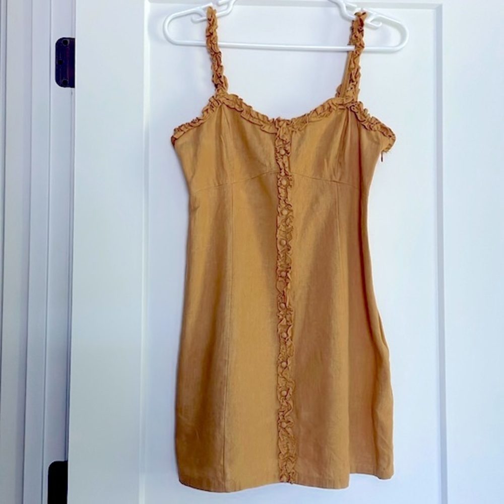 Marigold empire waist sun dress COTTON sweetheart neck mini ruffle strap S gold